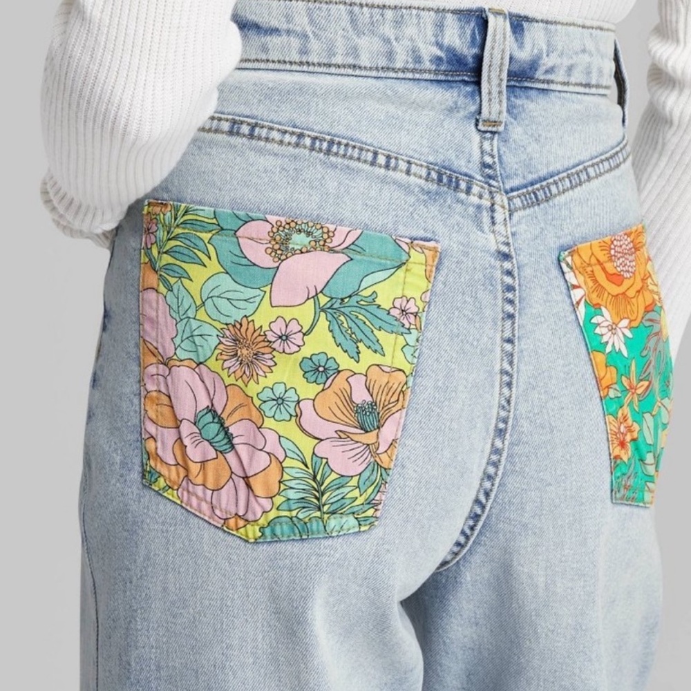 wild fable Light Blue High-Waist Jeans with Floral Patch Pockets